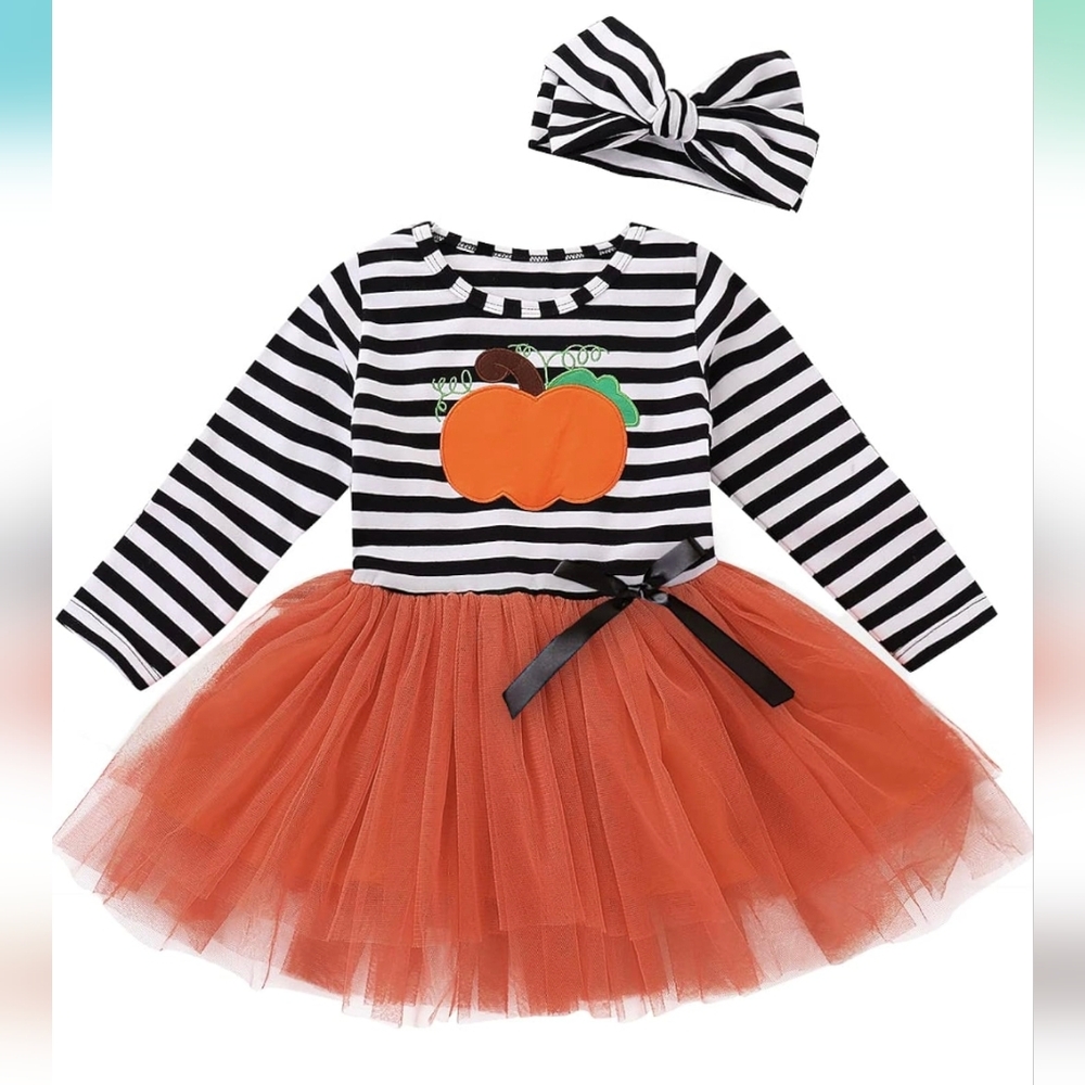 Toddler Kids Baby Girls Halloween Striped Dress Pumpkin Print Long Sleev…